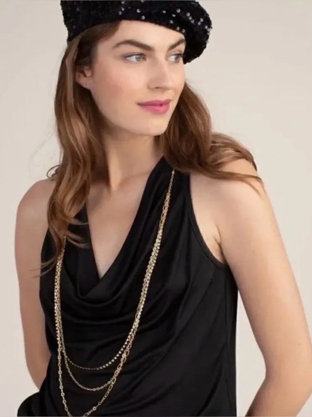 Like New Trina Turk Vanda Black Gold Chain Cowl Neck Top Size M